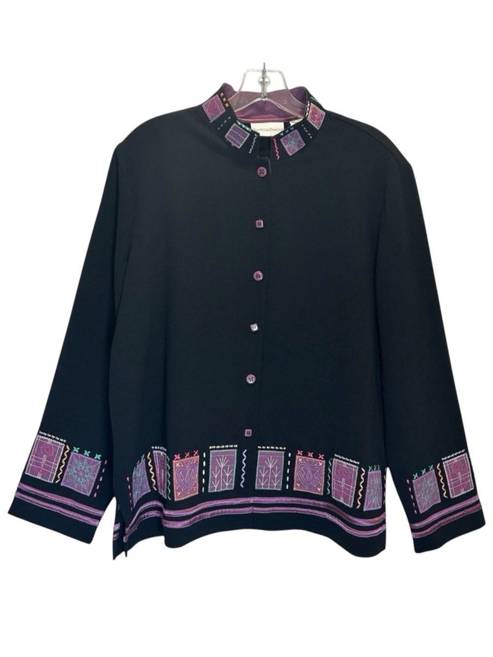 Drapers & Damons Black Crepe Top w/ Purple Embroidery & Appliquéd Jacket - Large